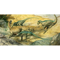 Tenontosaurus attacked by Deinonychus pack (c) John Sibbick