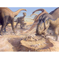 Aucasaurus attacking Titanosaur nests  (c) John Sibbick